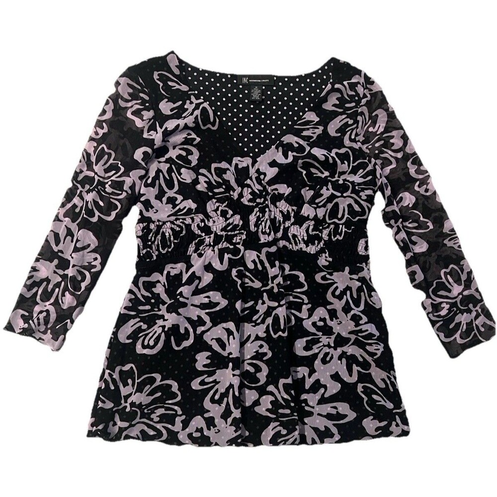 INC  Top Women’s Floral Mesh Elastic Waist  V Neck Medium